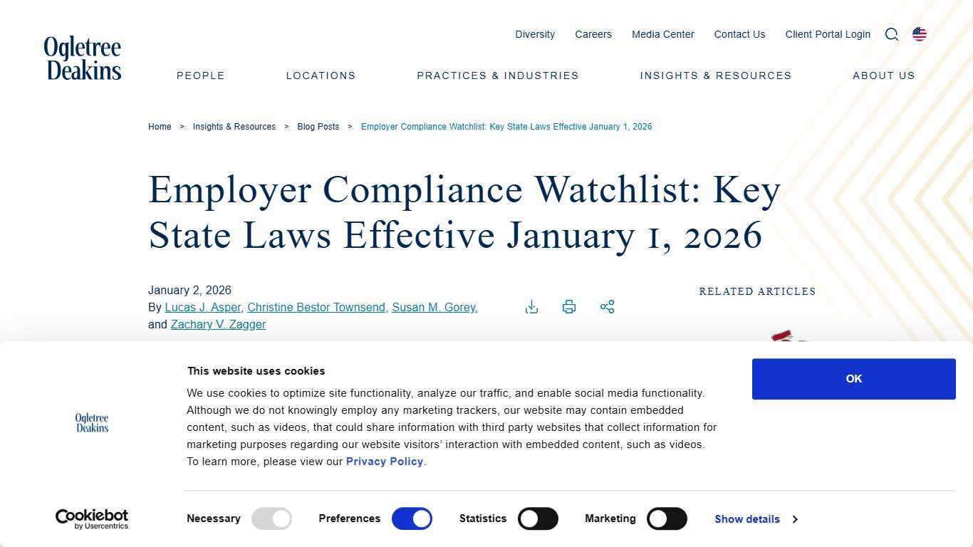 Employer Compliance Watchlist: Key State Laws Effective January 1, 2026 - Ogletree